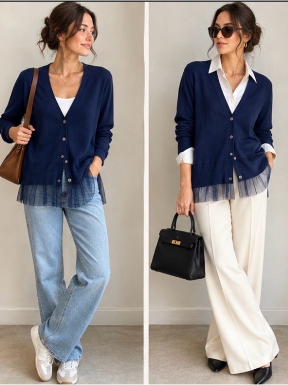 J. Crew Navy V-Neck Button 100% Merino Wool Cardigan with Sheer Tulle Hem